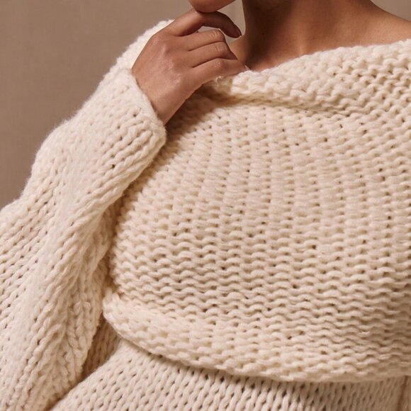 Cream Casual Women's Oversized Foldover Boat Neck Knit Jumper - Picture 5 of 5